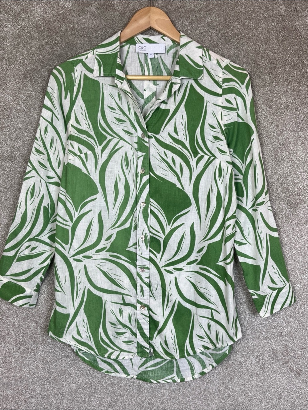 C & C California Shirt Womens Extra Small Green White Linen Blend Button- 5244